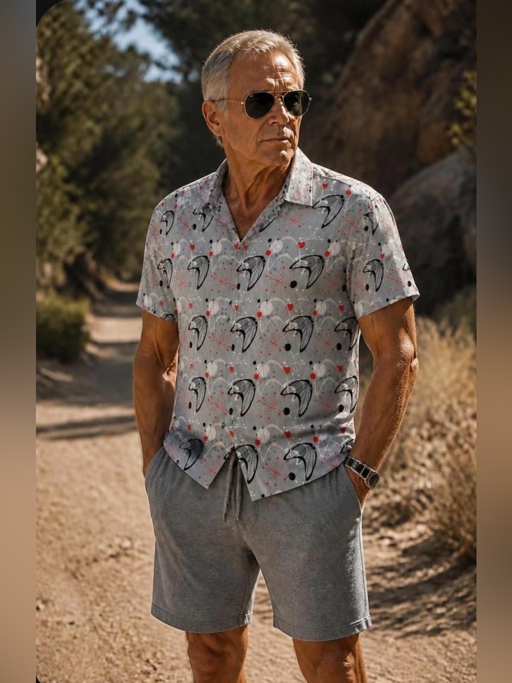 Men's Gray Short-Sleeve Printed Button-Down Shirt - Mid-Century Motif